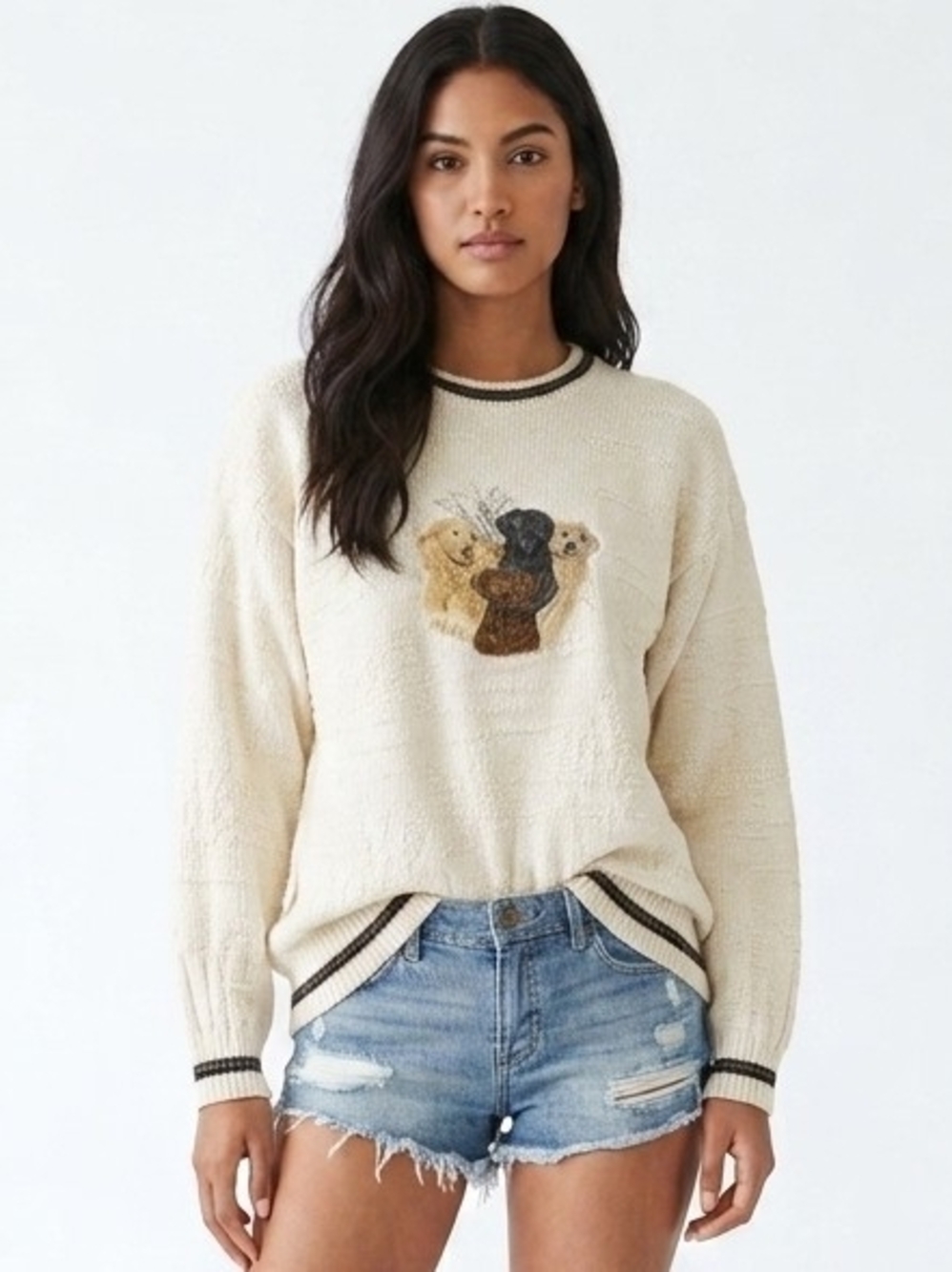 Vintage Chunky Embroidered Lab Dogs Textured Crewneck Sweater In Cream - XLT